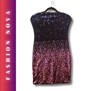 L/XL Fashion Nova Pink and Navy Blue strapless sequins metallic dress